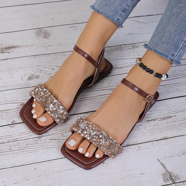 Casual Schuhe Ankunft Luxus Strass Glänzende Rutschen Im Freien Karree Plus Größe Strand Sandalen Frauen Diamant Hausschuhe