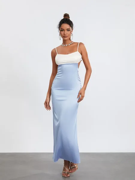 Freizeitkleider Damen Satin Spaghettiträger Maxikleid ärmellos rückenfrei aushöhlen figurbetontes Cami für Party Club Hochzeit Cocktail