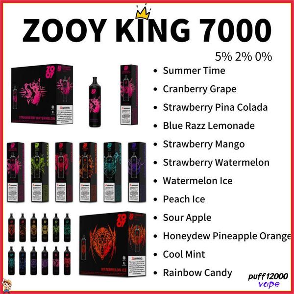 Original ZOOY KING 7000 Puffs vape Puff 7K Recarregável Sistema de Caneta Vape Descartável Luzes de Cor RGB 14 Sabores com Cordão vapes