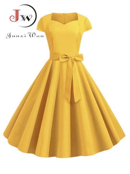 Sommer Solide Gelbe Farbe 50er 60er Vintage Kleid Kurzarm Quadratischer Kragen Elegantes Büro Party Midi Kleider Gürtel 240306