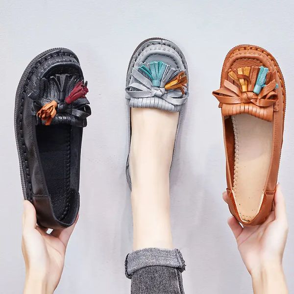 Botlar Vintage Otantik Deri Ayakkabı Kadın Balesi Flats Kadın Püskül Loafers Saçak Kadın Lüks Moccasin ile Ayakkabılarda Kayma