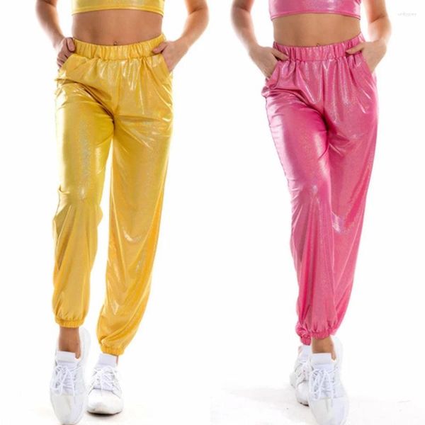 Abbigliamento da palco Pantaloni da jogging metallizzati da donna Pantaloni streetwear Vita elastica Lucido olografico Pantaloni lunghi casual allentati Danza hip-hop