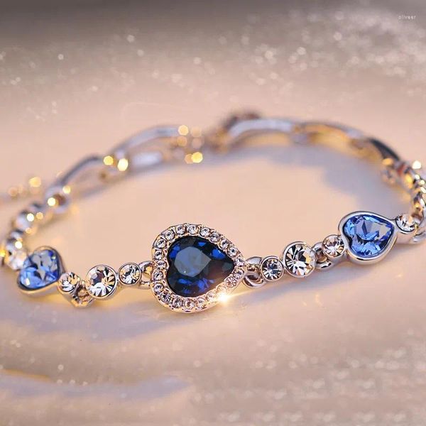 Charme pulseiras moda mulheres senhoras 925 prata esterlina cristal strass pulseira oceano azul pulseira corrente coração jóias presentes de festa