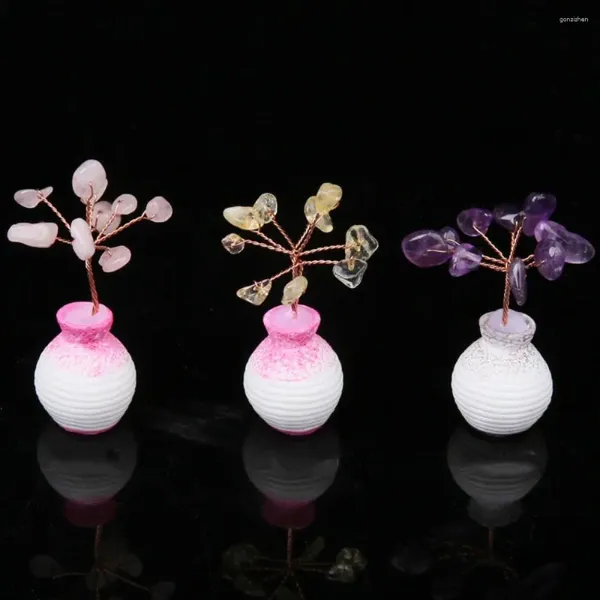 Dekorative Figuren, Mini-Vase, natürlicher Kristall-Glücksbaum, Kupferdraht, feste Verzierung, chinesische Feng Shui-Edelsteinbäume, Heim-Desktop-Dekoration