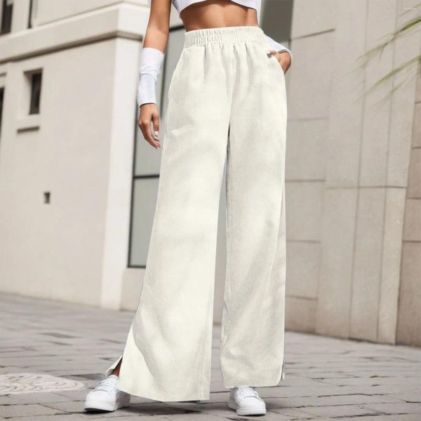 Calças femininas chique outono inverno elástico cintura alta mulheres casual sólido veludo emendado split bottom flare streetwear