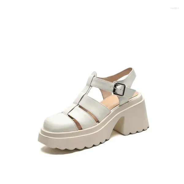 Sandali da donna in primavera ed estate Scarpe da donna in vera pelle Tacco spesso 6,5 cm Fibbia stile locomotiva