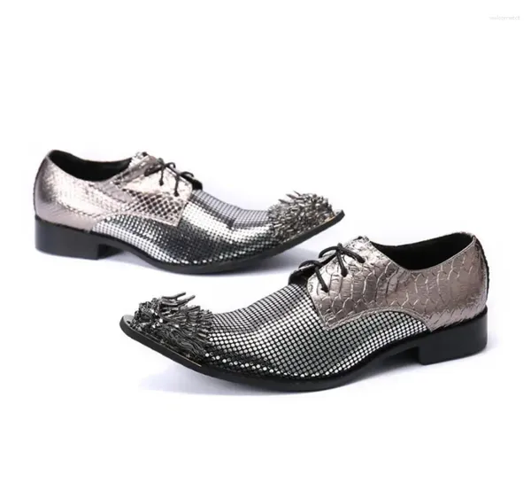 Kleid Schuhe handgemachte glänzende Silber Gentleman Luxus und schwarz Top Mode Party Hochzeit Männer Herren Wohnungen voller Größe