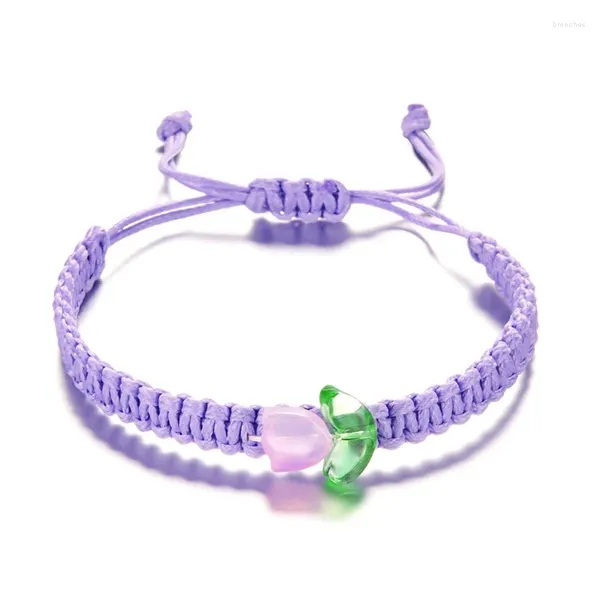 Braccialetti con ciondoli Elegante braccialetto a tulipano viola per le donne Regali di gioielli di amicizia fatti a mano regolabili con corda intrecciata a fiori dolci