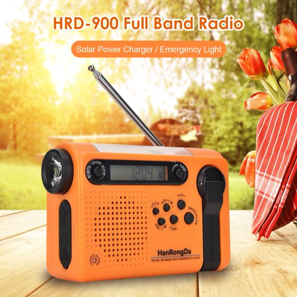 Rádio novo portátil hrd900 prevenção de desastres alarme de emergência led lanterna banda completa carregamento do telefone móvel rádio carregamento solar