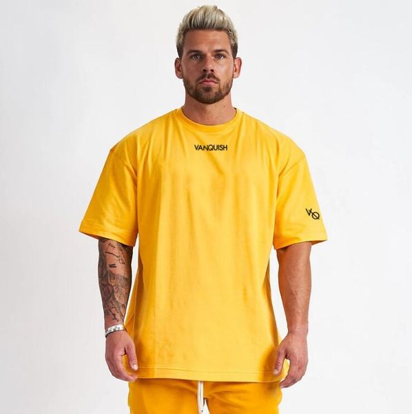 Camiseta masculina de algodão fitness, camiseta esportiva extra grande de algodão para homens, hip hop, moda verão e manga curta