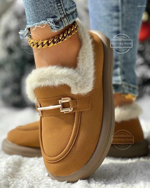 Freizeitschuhe Schneestiefel Damen Fuzzy Detail Winter gefütterte Damen-Flats Round Toe Sneakers Slip-on Loafers Pelz Retro Slip On