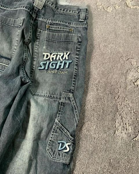 Jeans masculinos JNCO letras bordadas luz azul retro lavado rua tendência de cintura alta calças largas femininas