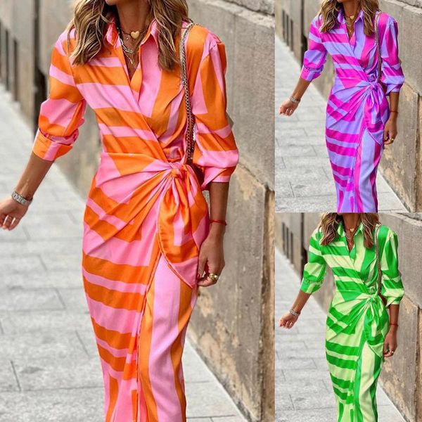 Vestidos de festa moda camisa de meia manga impressa para mulheres elegantes coloris listrada vestido longo dama de canto