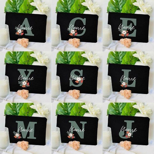 Sacos cosméticos personalizados diy nome bolsa para senhoras compõem caso verde inicial floral gráfico zíper organizador armazenamento feminino