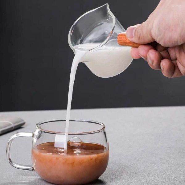 Weingläser 70/75 ml hitzebeständiger Messbecher Milchkaffeegeschirr mit Skala Holzgriff Glas Unzenbecher Doppelmund-Trinkgeschirr