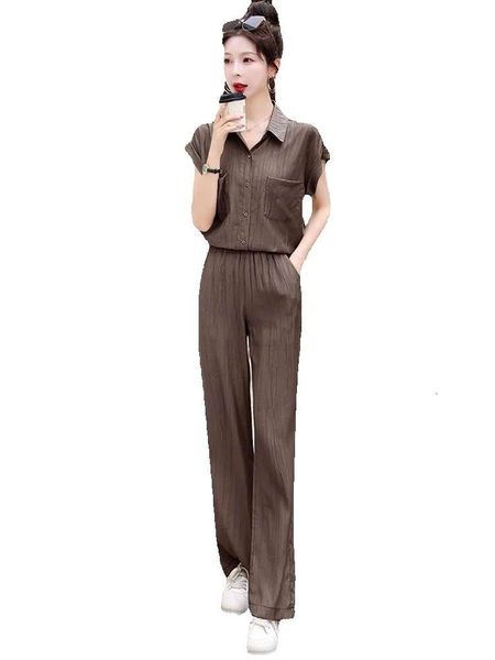 Calças femininas de duas peças roupas de verão blusas senhora do escritório terno 2023 moda elegante simples manga curta camisas conjunto reto para mulher gg