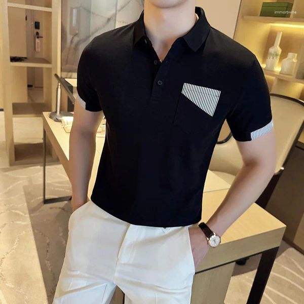 Polos masculinos moda coreana retalhos camisa polo para homens de manga curta camisas casuais fino ajuste escritório social lapela t topos roupas