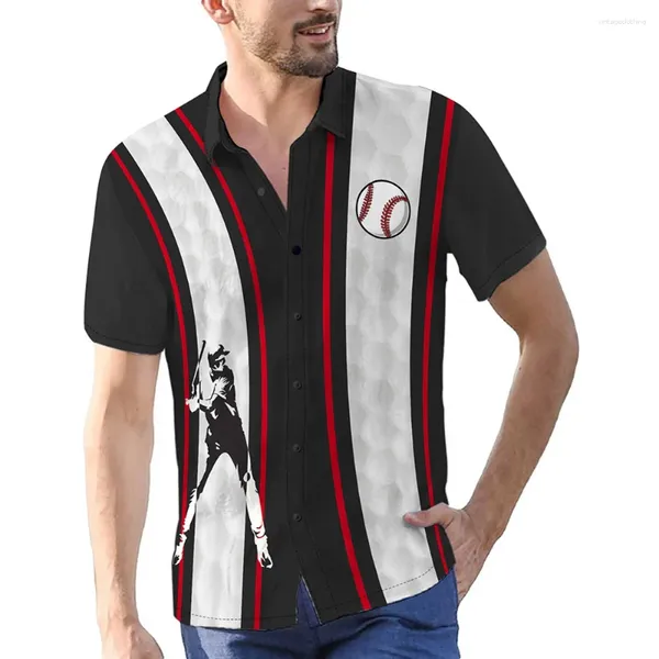 Camisas casuais masculinas Baseball Event Theme Digital Print Color Block Manga Curta Botão Down Camisa de Verão Resort Férias Roupas Masculinas