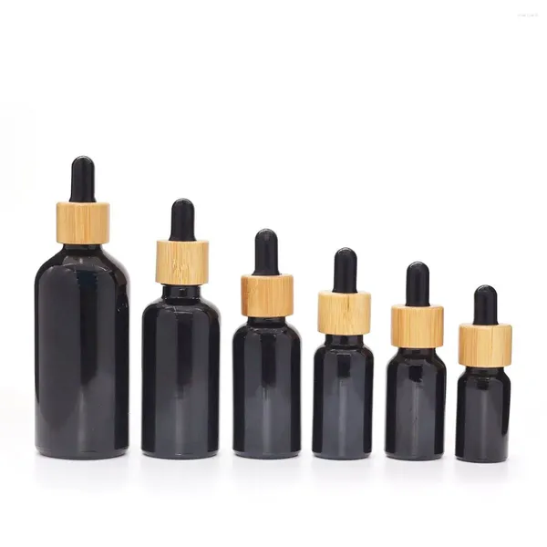 Bottiglie 8 pezzi con copertura in legno Bottiglia contagocce riutilizzabile nera Olio essenziale di vetro Liquido 5-100 ml Goccia per pipetta da massaggio