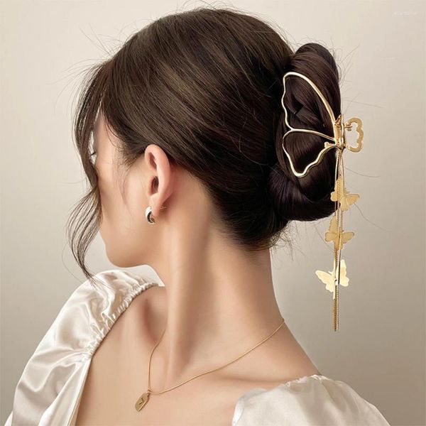 Fermagli per capelli Grande artiglio in metallo a farfalla scavata con nappa Coreano geometrico color oro Testa da donna Accessori per gioielli