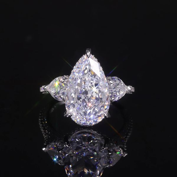 GEMS BALLET Forma di pera Diamondfire CZ Anelli fatti a mano a grappolo bianco Anello di fidanzamento con tre pietre in argento sterling 925 240315