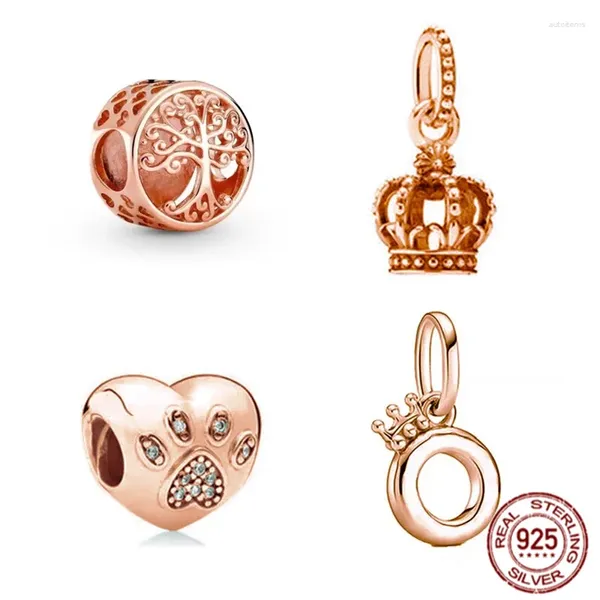 Pietre preziose sciolte Argento placcato oro rosa 925 Openwork Radici familiari Corona Ciondola Perlina Fascino Adatto Bracciale originale Gioielli fai da te per