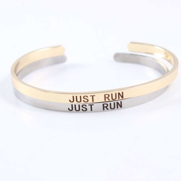 JUST RUN Pulseira inspiradora de mantra gravada com punho de aço inoxidável