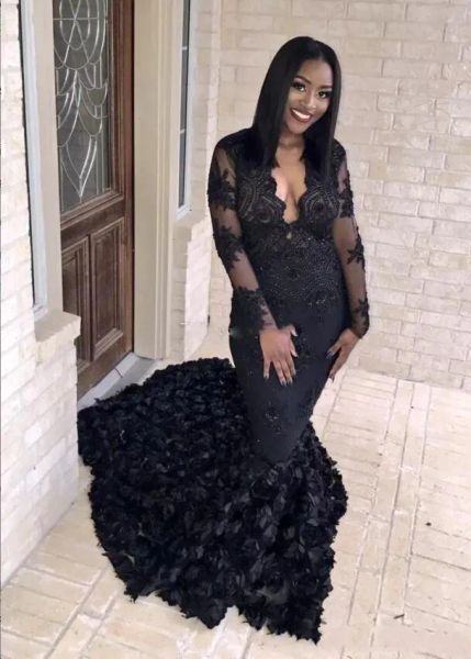 Mermaid gothic schwarze prom Kleider K D Rose Sweep -Zug Abendkleider Südafrikaner gegen Nacken schiere lange Ärmel formelles Partykleid
