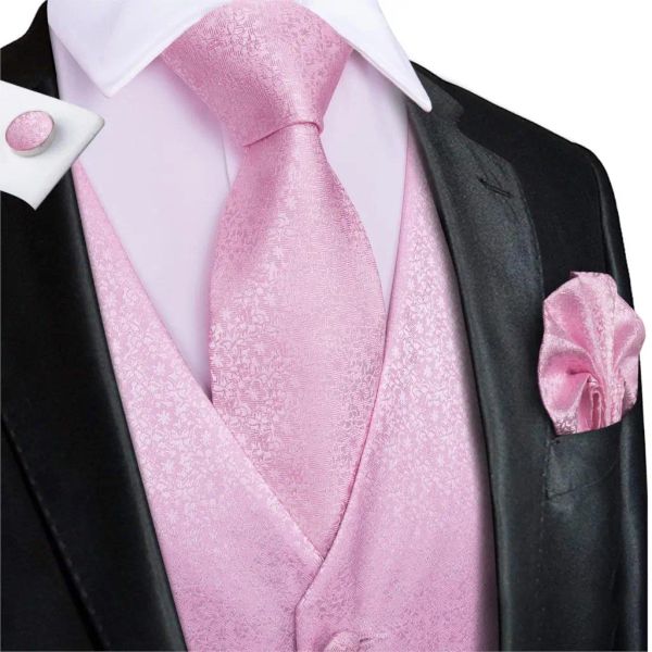 Coletes Hitie Colete Masculino Terno Rosa 100% Seda para Casamento Pêssego Alta Qualidade Coral Colete Colete para Homens Bolso Hanky ​​Cufflinks Set