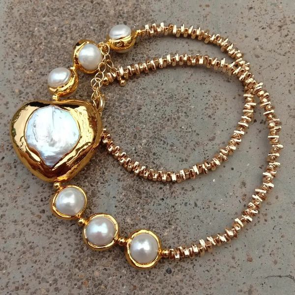 YYGEM 30x33mm Collana girocollo con perla keshi bianca coltivata a forma di cuore Collana girocollo con catena placcata oro 240305
