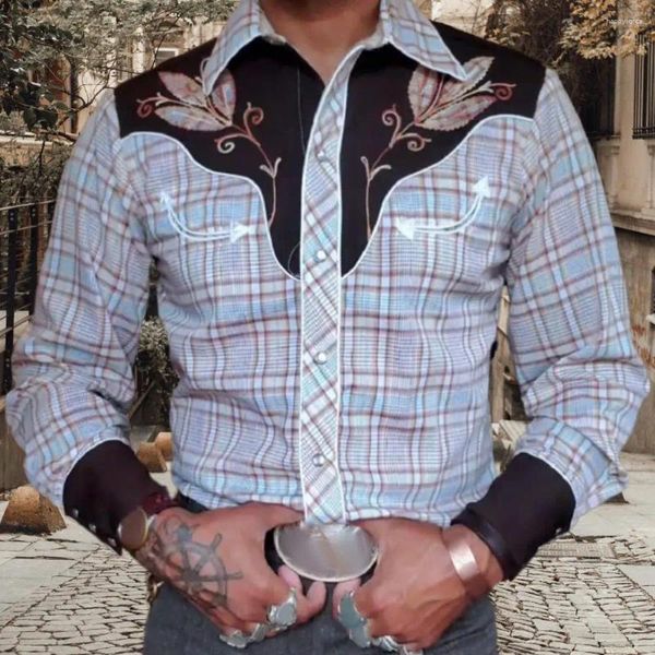 Camisas casuais masculinas homens camisa de manga comprida vintage ocidental cowboy impressão slim fit para manga comprida casaco de cardigan de negócios com turn-down