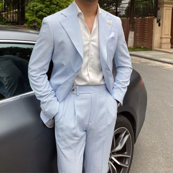 Ternos 2022 verão fino masculino lazer azul listrado seersucker terno britânico gentry terno masculino terno de negócios smoking fino ajuste noivo terno