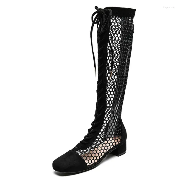 Botas UVRCOS Verão Malha Recortes Joelho Alto Quadrado Toe Lace-up Chunky Heels Long Mulheres Runway Sapatos Nu Preto