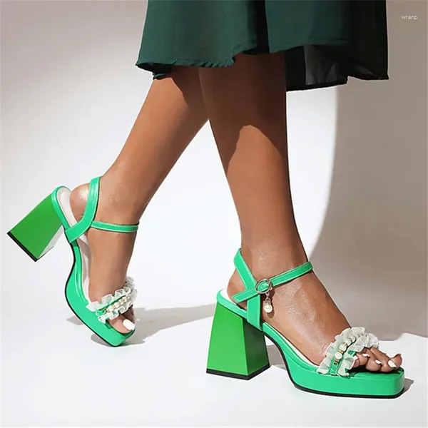 Sandálias PXELENA 2024 Verão Doce Ruffles String Beads Quadrado Salto Alto Mulheres Ankle Strap Verde Rosa Branco Plus Size 34-43 Data