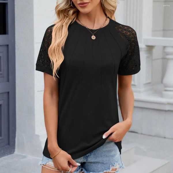 Blusas femininas camiseta feminina macio elástico blusa elegante verão topos plissado o-pescoço com renda de malha detalhando para um