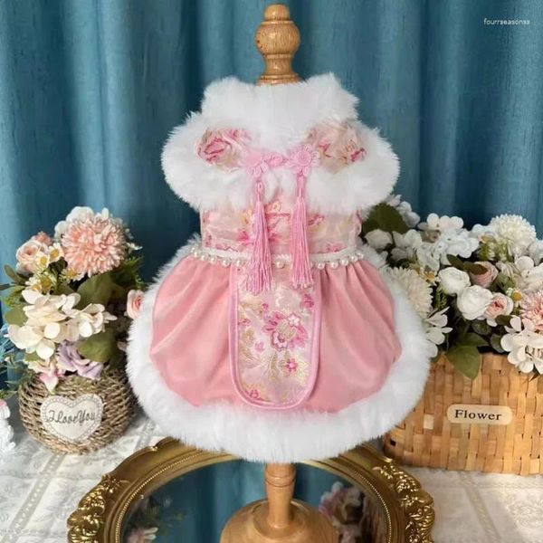 Hundebekleidung, modische niedliche rosa Haustierkleidung, feine handgefertigte Plüsch-Cheongsam-Prinzessin-Kleid für kleine mittelgroße Chihuahua-Hundekleidung