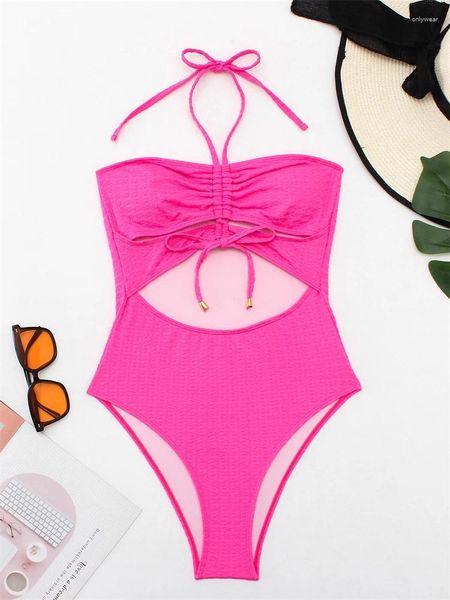 Mulheres de banho de uma peça maiô feminino 2024 sólido halter bandeau bodysuit monokini verão oco para fora praia maiô feminino