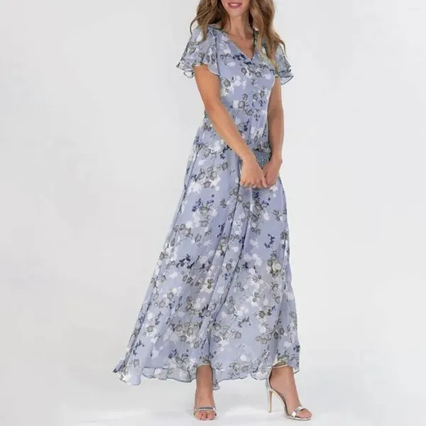 Casual Kleider Mode Taille Flowy Frauen Chiffon Floral Kurzarm Rüschen V-ausschnitt Swing Langes Kleid Mesh Stoff Vestidos para Mujer