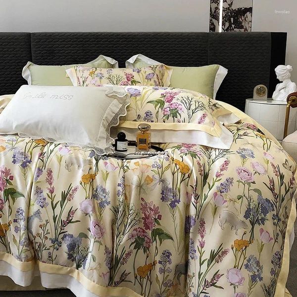 Conjuntos de cama Natural Lyocell Fiber Soft Silky Vintage American Digital Impressão Luxo Conjunto Flores Duveta Capa Cama Folha Fronhas