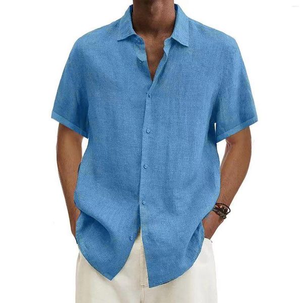 Camisas casuais masculinas Camisa de linho de algodão Homens de verão Recunda o gola do gola curta Blow