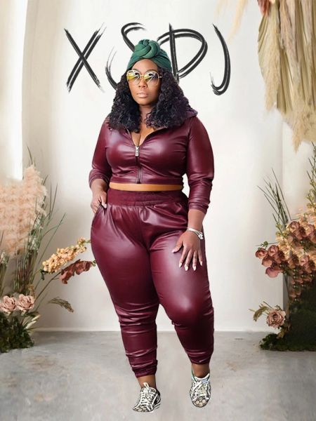 Set Curvy Woman Abiti da donna Plus size Giacca in pelle top a manica lunga autunnale e pantaloni a 2 pezzi Outfit sexy Outfit all'ingrosso Spedizione gratuita