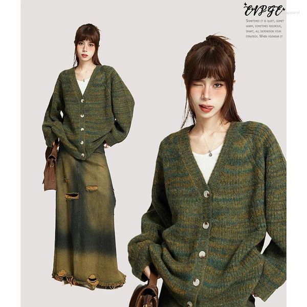 Женский трикотаж Harajuku, женская мода, милые эстетичные пальто Y2k, винтажные свитера контрастного цвета, свободные универсальные кардиганы, японские