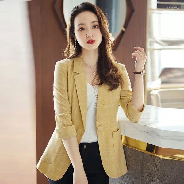 Ternos femininos amarelo xadrez outwear primavera verão estilo coreano temperamento lazer curto terno jaqueta fino ajuste três quartos manga blazers