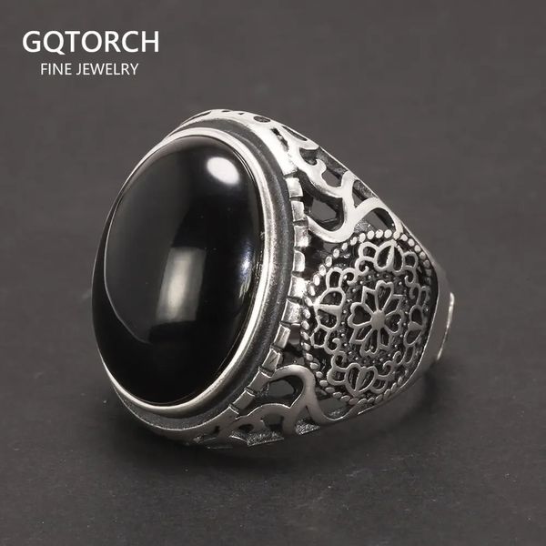 Echter massiver schwarzer Ring aus 925er Sterlingsilber für Männer, Vintage-Stil, hohle Blumenringe, offener natürlicher Onyxstein, große ovale Form, männlicher Schmuck 240305