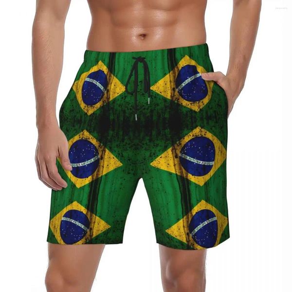 Herren-Shorts, Brasilien-Flagge, Sommer, 3D, coole Retro-Sportbekleidung, Strand, kurze Hose, atmungsaktiv, stilvoll, Badehose in Übergröße