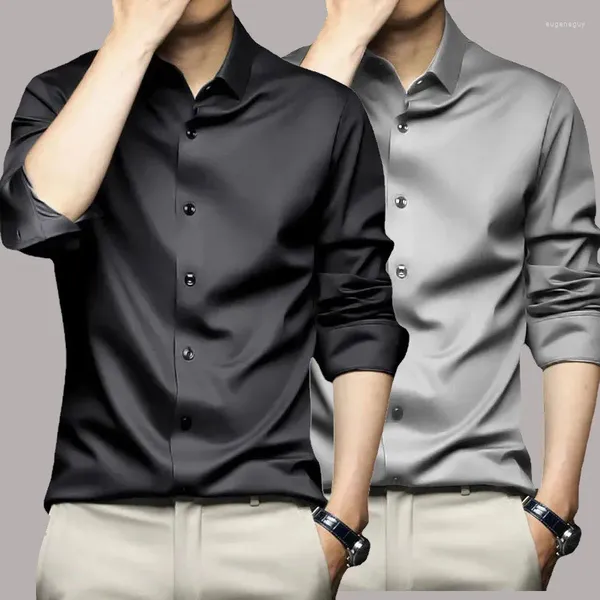 Camisas de vestido masculinas estiramento anti-rugas algodão manga longa para homens fino ajuste camisa de negócios sociais blusa camisa cinza