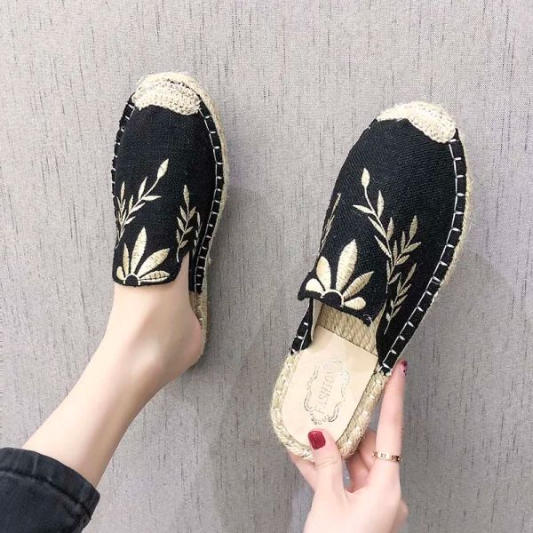 Bot Çin Çiçek Nakış Ayakkabı Kadın Kenevir Tuval Daireler Ayakkabı Bayanlar Espadrilles Loafers Toe Toe Pamuk Mokasinler Ayakkabı Yürüyüş