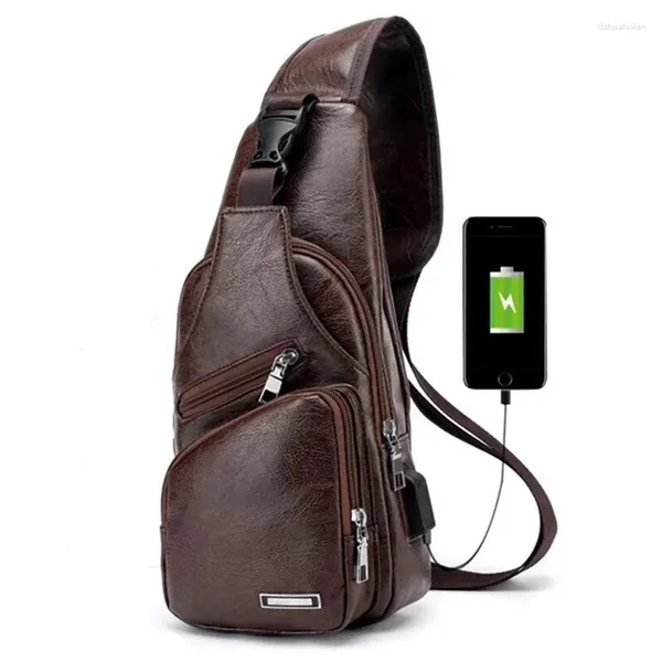 Tasche Herren Brust mit Ladeanschluss USB Retro Pu Leder Vintage Business Tasche für Sport Dunkelbraun