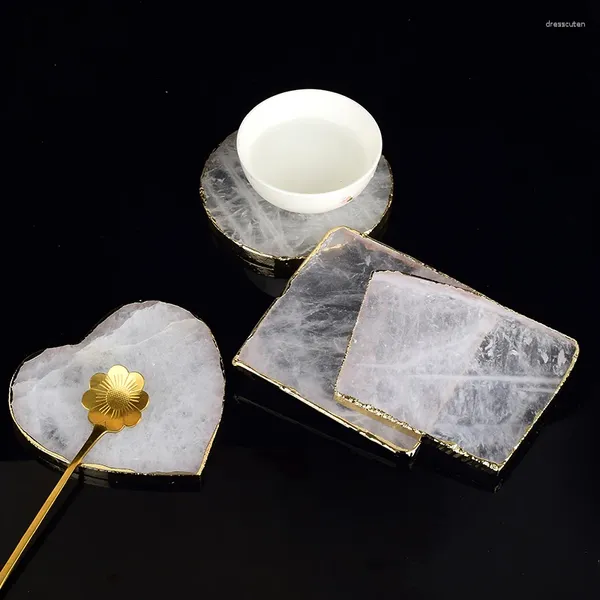 Estatuetas decorativas gemas artesanato almofada rocha quartzo formato de coração fatia pedra natural galvanizada borda dourada copo de cristal suporte para bebidas