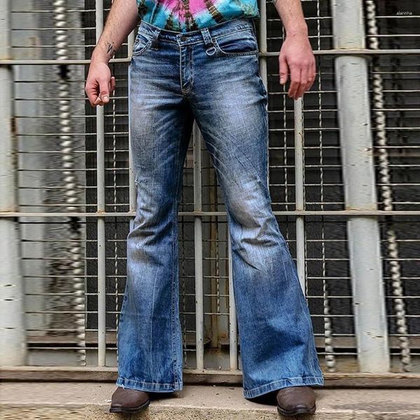 Erkek kot pantolon denim pantolon orta bel vintage düz renkli punk tarzı esnek takma alevlendi vahşi gündelik uzun pantolon